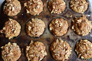 Healthy Apricot Walnut Muffins hot out of the oven, ready to be devoured.