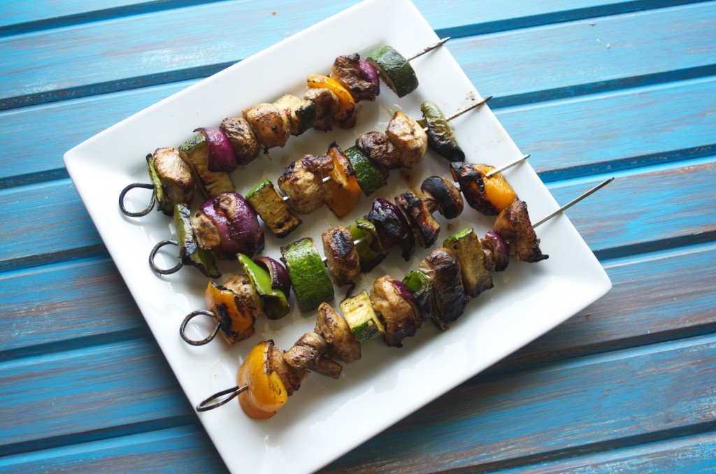 Delicious Balsamic Chicken Veggie Kabobs ready to eat.