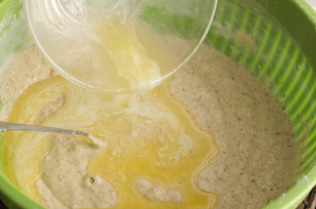 Mixing buttermilk and eggs in first, prevents butter from cooking eggs.