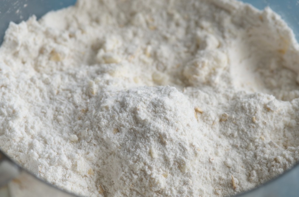 Dry ingredients with butter pulsed together in food processor